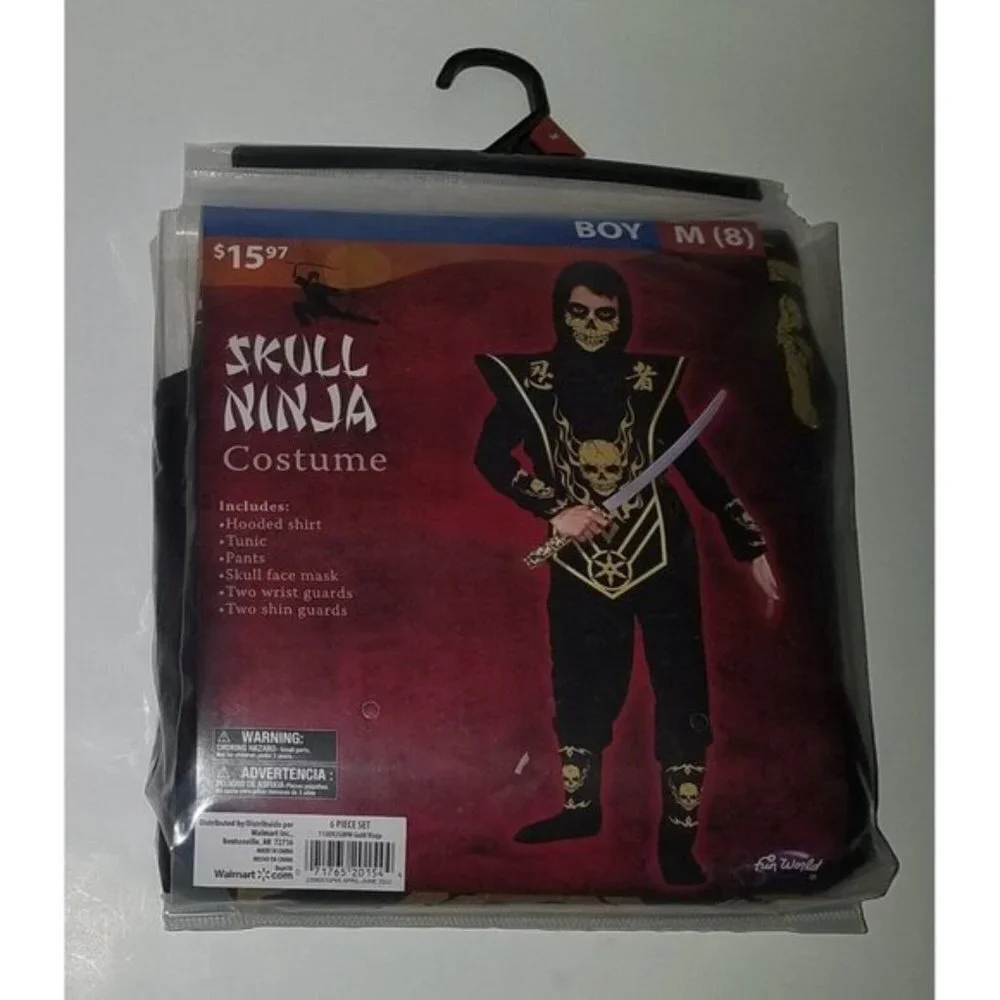 NEW Skull Ninja Costume Halloween Boy Medium 8 Shirt Pants Tunic Mask Black Gold